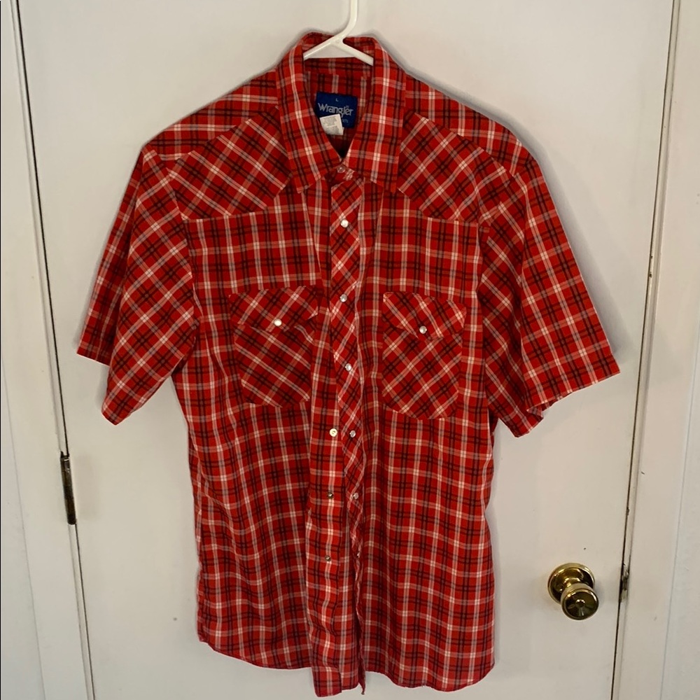 Wrangler vintage red black whiter plaid short sleeve western button down shirt